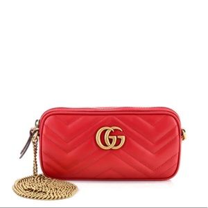 Gucci Calfskin Matelasse Mini GG Marmont Chain Crossbody Bag Hibiscus Red